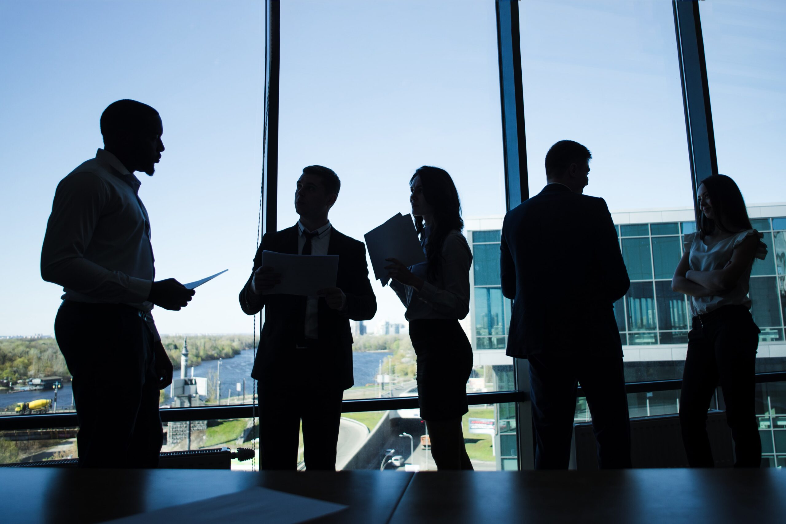 Silhouettes of business people in a corporate meeting, representing company formation and business consulting services in Egypt