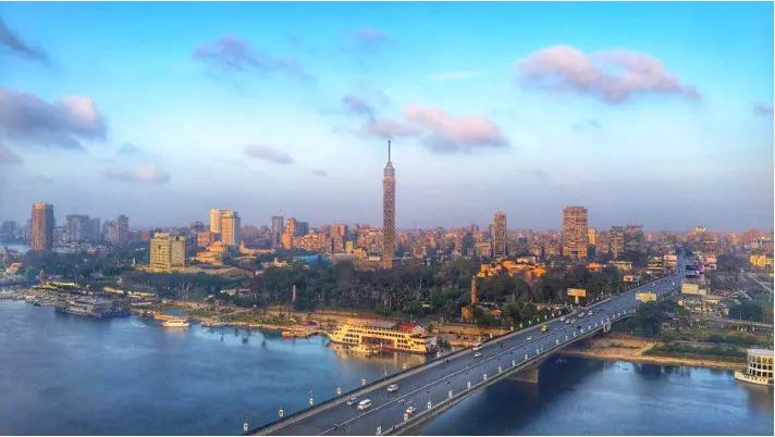 Cairo skyline, the Nile and Cairo Tower representing commercial activity and contract performance in Egypt