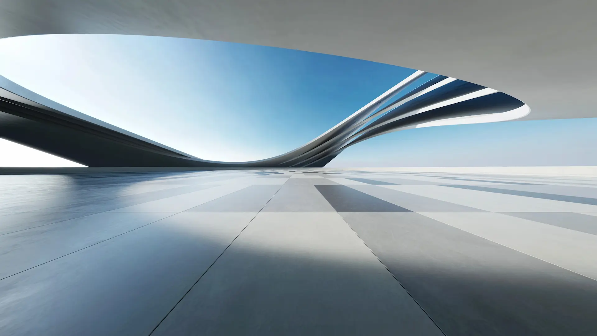Futuristic curved architecture in soft blue and white light