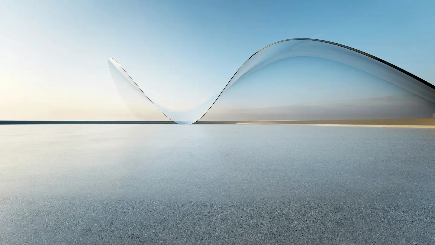 Light sculptural architecture curving over a quiet reflective landscape