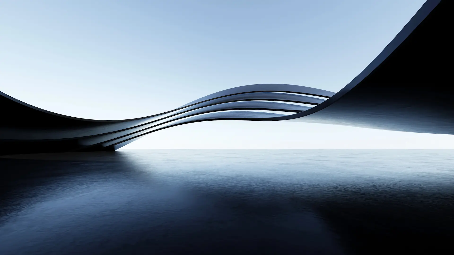 Sweeping contemporary architecture above a blue reflective horizon