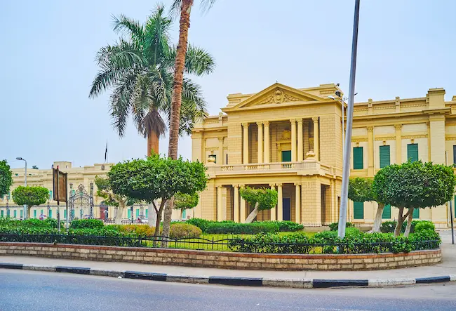 Side porch and historic architectural details of Abdeen Palace in Cairo, Egypt