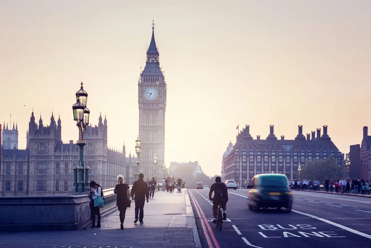 Westminster Bridge and London at sunset